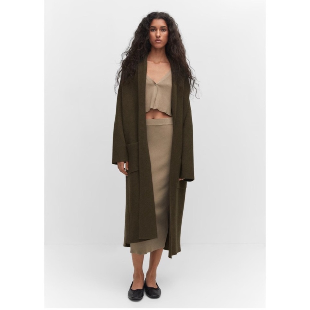 Mango Long Knit Coat/Cardigan With Pockets in Olive Green